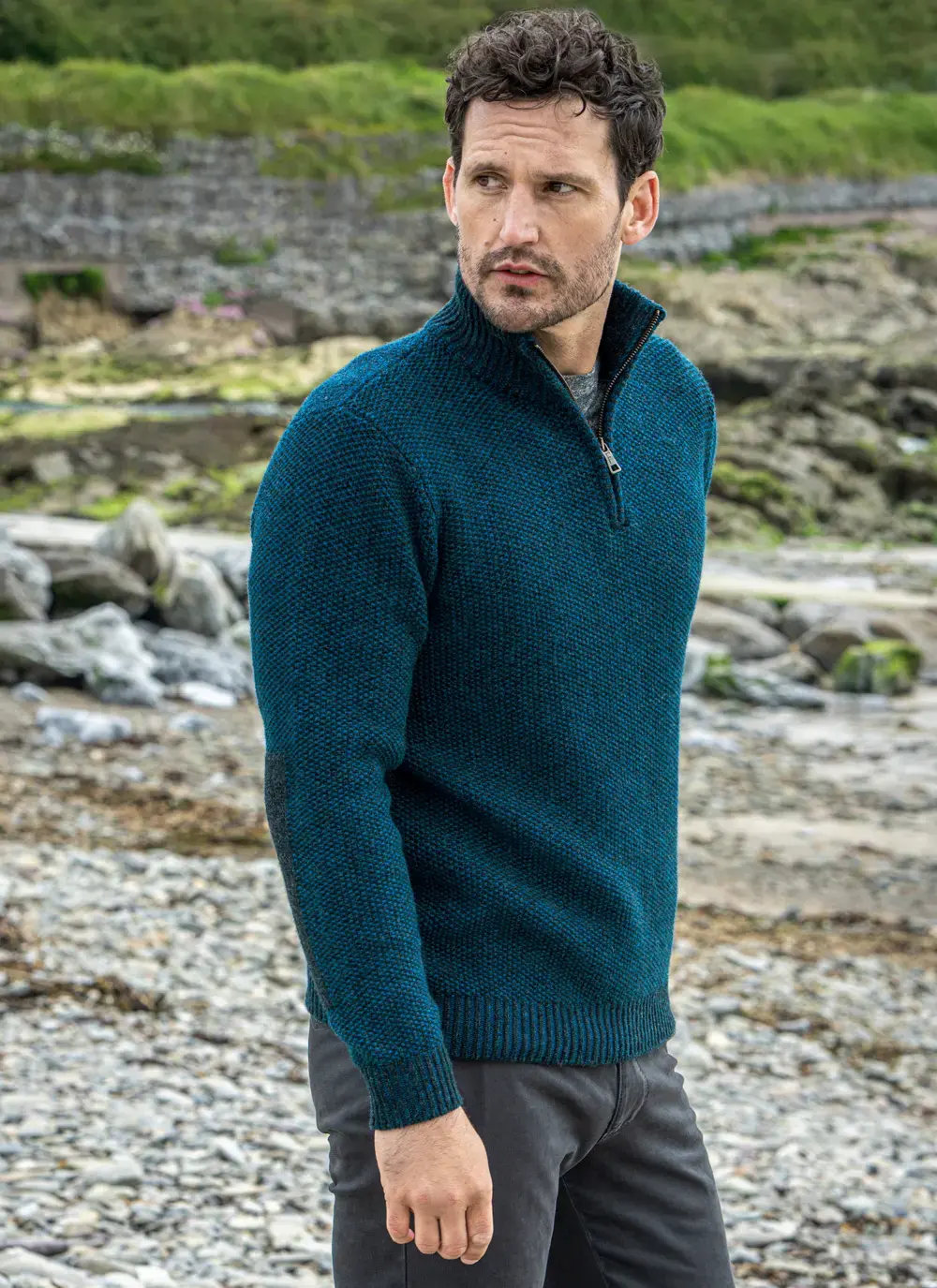 【XL】SEESEECREW KNIT (KNIT SEW) NAVY シーシー Fisherman Lambswool Seed Stitch Zip Neck Sweater in Petrol | Blarney